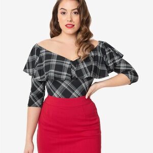 Unique Vintage Black and White Plaid Off-Shoulder Top